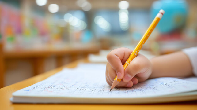 Close up of a small hand writing in a workbook at a bright cram school desk the workbook showing math exercises and the pencil forming numbers warm cram school lighting