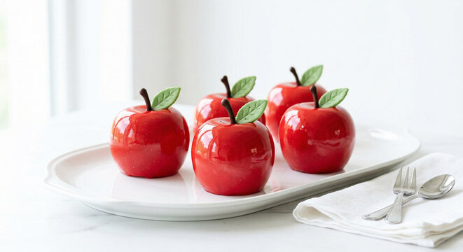 Glossy red apple shaped mousse cakes with mirror glaze
