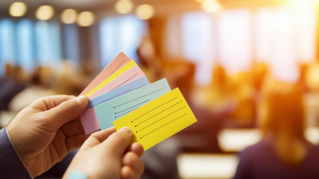 Close up of hands at a bright public speaking classroom holding flash cards while practicing a presentation the cards showing key talking points warm classroom lighting