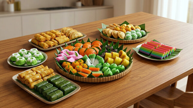 Assorted Indonesian traditional snacks and jajanan pasar arranged on a wooden table with colorful sweet and savory treats, banana leaf presentation, and clean copy space for food design use.