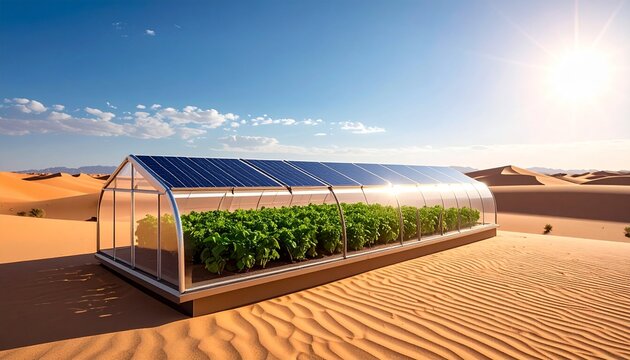 Solar-powered greenhouse in desert with sustainable agriculture under golden sunlight
