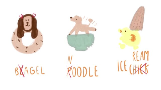 Animated cartoon animals shaped like food with playful word puns showing humor creativity and fun hand drawn style