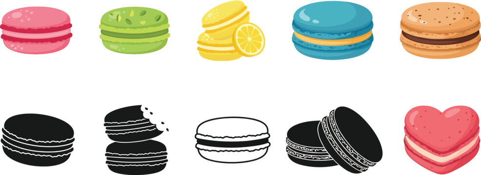 Colorful macaron stacks and black white line art variations