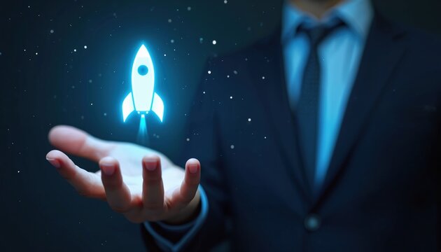 Businessman hand holds glowing rocket symbol representing innovation. Startup launches new tech forward. Future growth achieved through ambitious vision and progress.