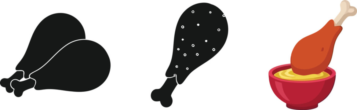 Cartoon chicken legs black silhouette and colorful fried drumsticks