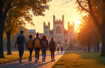Naklejka premium Students walk on campus path towards historic school buildings at sunset. Group explores university grounds during golden hour autumn season. Future scholars visit college for admissions.