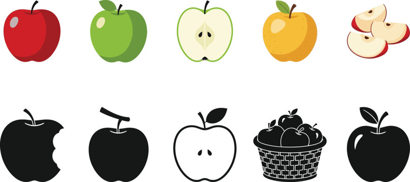Apples in color and silhouette a fruit illustration collection