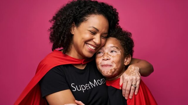 Affectionate mother in a SuperMom shirt and her young son with vitiligo wearing red hero capes hugging and laughing together in front of a vibrant pink studio background.