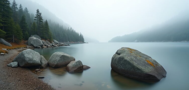 Misty lake waters lap rocky shore beside pine forest hills. Large boulders rest near calm water reflecting soft grey sky. Peaceful nature scene with trees and water.