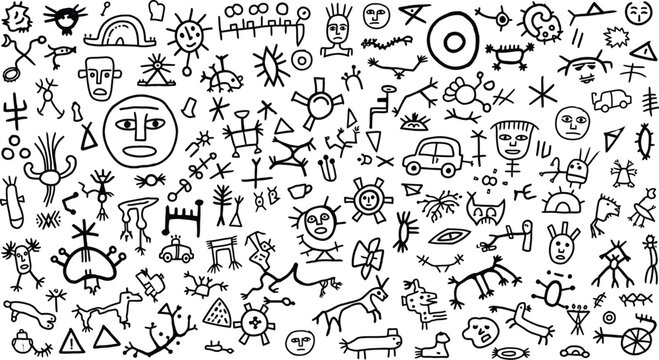 Ancient cave paintings and rock art a collection of prehistoric symbols and figures