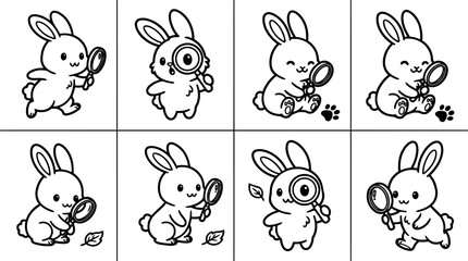 Obraz premium Cute black and white bunny holding magnifying glass exploring nature vector art