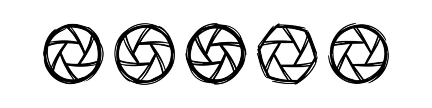 Set of hand-drawn camera aperture icons in a sketchy minimalist style. Black ink illustrations on white, representing photography lens settings and f-stops.