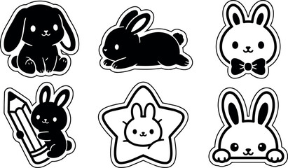 Fototapeta premium Black and white cute bunny stickers with bow tie pencil star shapes