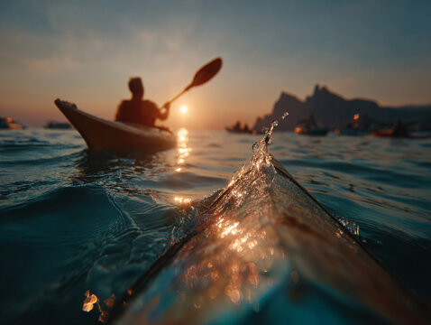 A kayaker in an orange life vest paddles a white kayak on calm, sun-dappled water at golden hour, with other kayakers, sailboats, and mountains in the distance.
