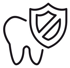 Dental Protection Vector Icon: Minimalist Black Line Art Illustration of a Tooth and Shield Symbolizing Oral Hygiene, Tooth Enamel Care, and Preventive Dentistry for Healthcare Design Projects © Rabia