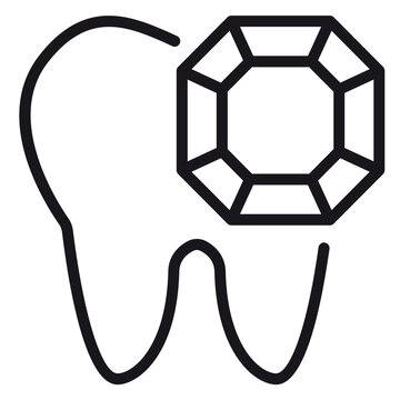 Minimalist black line art vector icon of a human tooth with a faceted diamond gemstone, representing cosmetic dentistry, tooth jewelry, dental gems, and aesthetic oral care illustration.