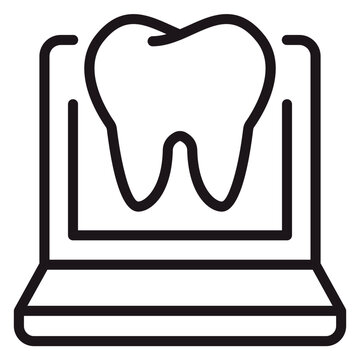 Digital dentistry vector icon with tooth on laptop display. Minimalist black line art for tele-dentistry services, dental management software, and virtual oral health consultations.