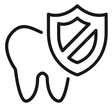 Dental Protection Vector Icon: Minimalist Black Line Art Illustration of a Tooth and Shield Symbolizing Oral Hygiene, Tooth Enamel Care, and Preventive Dentistry for Healthcare Design Projects