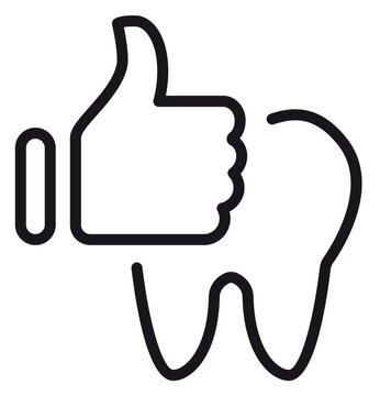 Dental health vector icon featuring a tooth with a thumbs up gesture, black minimalist line art illustration representing healthy teeth, oral hygiene success, and professional dentistry symbol.