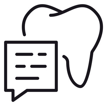 Black vector icon illustration of a human tooth molar combined with a speech bubble, symbolizing dental consultation, oral health advice, dentist appointment, and patient communication.