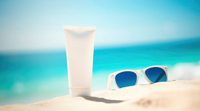 A pristine white, unbranded tube of sun protection lotion stands beside stylish white sunglasses with vibrant blue reflective lenses, positioned on soft, sun-kissed sand. The background features a bea