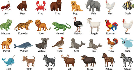 Animal Illustration Set Featuring Various Wild, Domestic, and Aquatic Animals for Wildlife, Pets, and Nature Concepts © Roni