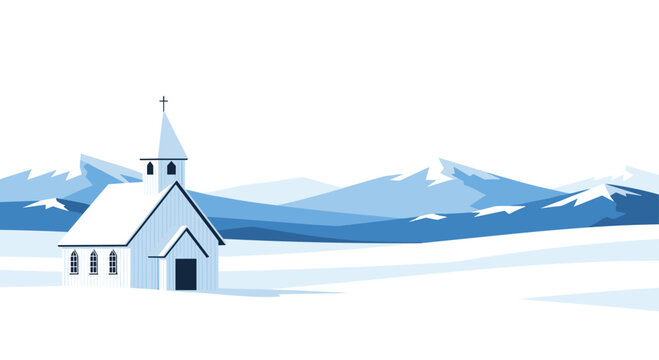 A solitary white church with a dark door sits within a vast snowy field backed by majestic blue mountain peaks under a clear bright winter sky landscape.