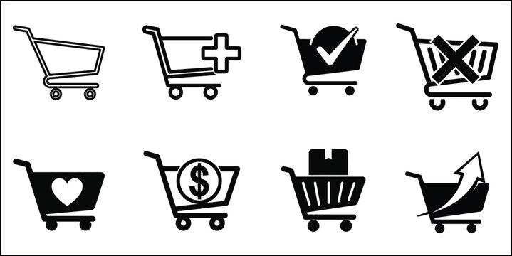 Shoping cart icons black white vector graphics for online retail ecommerce