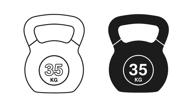 Two kettlebell icons one white outline and one solid black displaying 35 kg