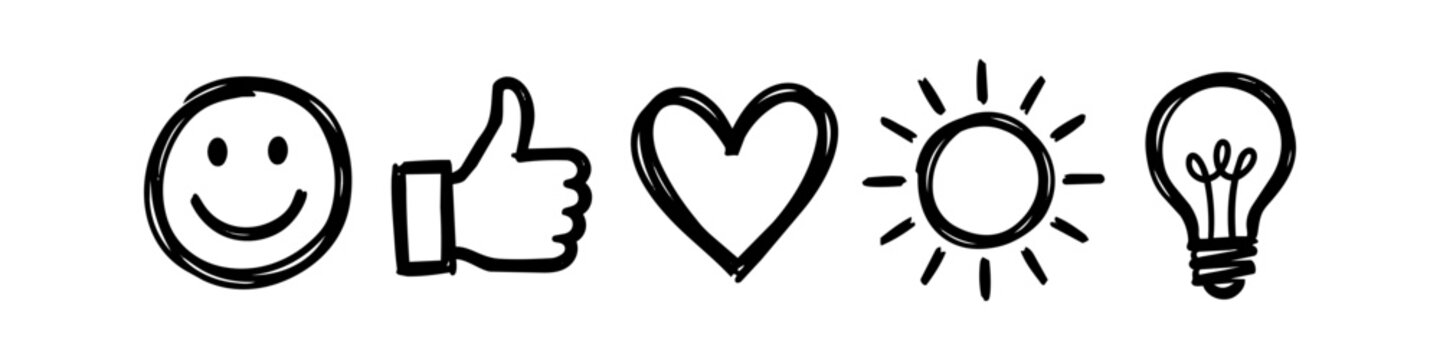 Hand-drawn black ink doodle icons: smiley face, thumbs up, heart, sun, and lightbulb on a white background. Perfect for creative projects, social media, and expressive communication.