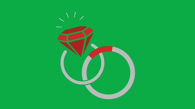 Interlocking wedding rings with red diamond gemstone icon animation green screen