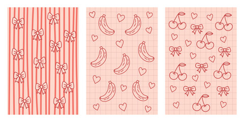 Banana and Heart Seamless Pattern Cute Fruit Background Vector Poster © Vectrix