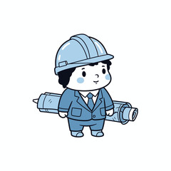 Fototapeta premium Chibi Male Architect in Hard Hat Holding Blueprint Illustration