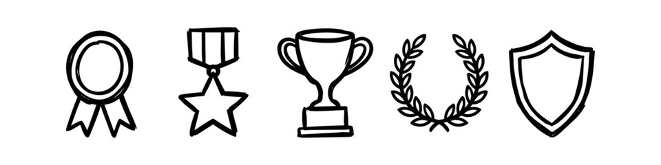 Obraz premium A set of hand-drawn award icons including a trophy, star medal, ribbon, laurel wreath, and shield. Black sketch style on white background, perfect for achievement and success concepts.