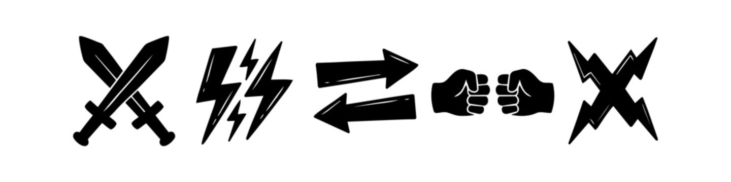 Set of black versus icons featuring crossed swords, clashing lightning bolts, opposing arrows, and fists. Minimalist battle and competition symbols for gaming, sports, and business rivalry.