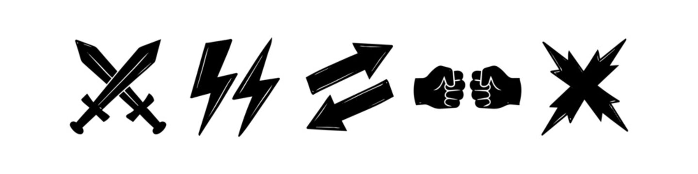Set of black versus icons featuring crossed swords, lightning bolts, opposing arrows, bumping fists, and an impact symbol. Ideal for competition, battle, gaming, and sports concepts.
