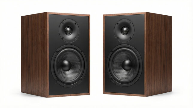 Two premium stereo bookshelf speakers with dark wood veneer and black front baffles sit isolated on a white backdrop. They feature modern tweeters and woven bass woofers.