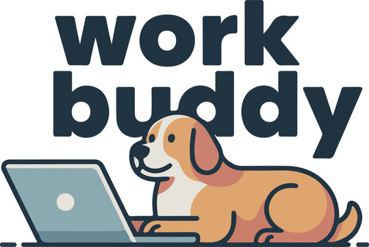 Dog with laptop text work buddy flat design computer