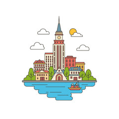 Fototapeta premium Flat Line Art City Skyline Illustration with River and Boat