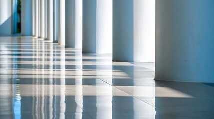 Naklejka premium Shadows Cast by White Columns in a Bright Hallway During Daylight