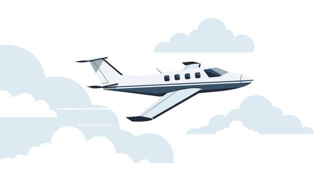 A sleek white private jet with blue accents glides effortlessly through a sky filled with soft layered clouds under bright daylight conditions today.