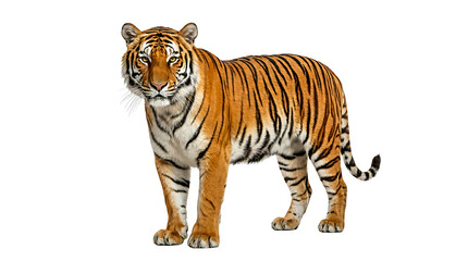 Obraz premium Majestic tiger standing alone looking forward on transparent background