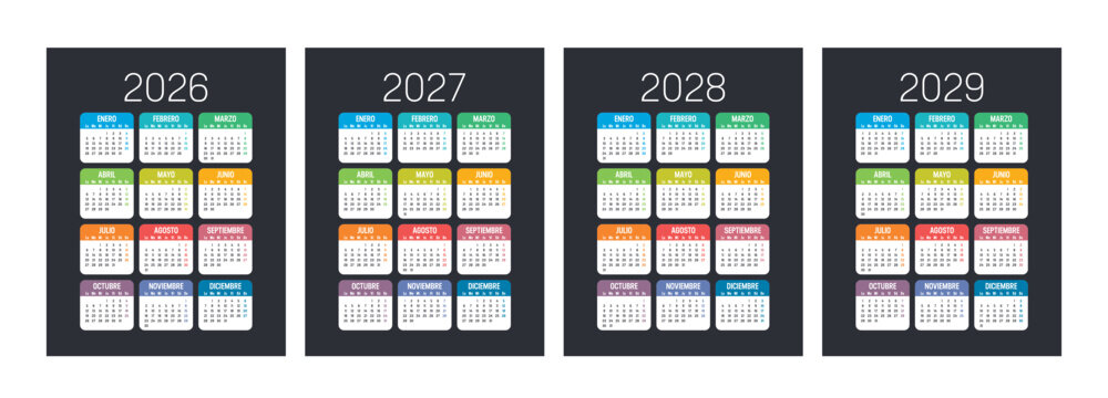 Set de calendarios coloridos en espa&ntilde;ol, a&ntilde;os 2026 2027 2028 2029 planificador, fondo oscuro