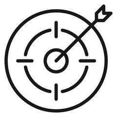 Minimalist black vector icon of a target with an arrow hitting the bullseye, representing success, business goals, achievement, and strategic focus in a clean, scalable line art illustration. © Zunaira