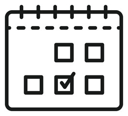 Minimalist black line art vector icon of a calendar with a checkmark on a specific date, symbolizing scheduling, appointment booking, task completion, deadline management, and planning. © Zunaira