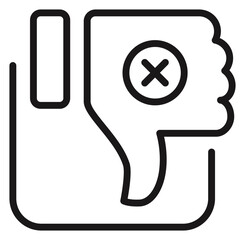 Black line art vector icon of a thumbs down hand gesture with a cross mark symbol inside a circle, representing dislike, negative feedback, rejection, or disapproval in a minimalist style. © Zunaira