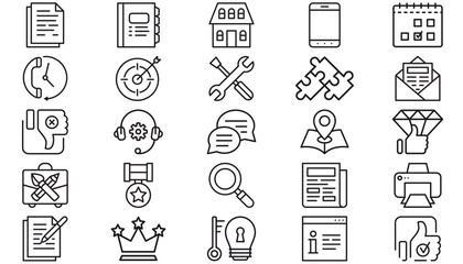 25 Black Vector Icon Set Collection: Minimalist Line Art Symbols for Business, Technology, Communication, and Creative Design. Includes Target, Tools, Calendar, Support, Map, Success, and Office © Zunaira