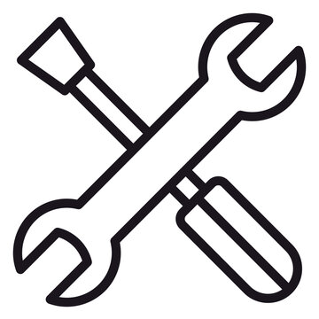Minimalist black vector icon of a crossed wrench and screwdriver, representing tools, repair, maintenance, construction, and DIY projects. Scalable line art illustration for web and app design.