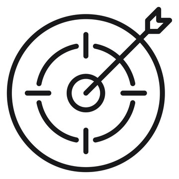 Minimalist black vector icon of a target with an arrow hitting the bullseye, representing success, business goals, achievement, and strategic focus in a clean, scalable line art illustration.