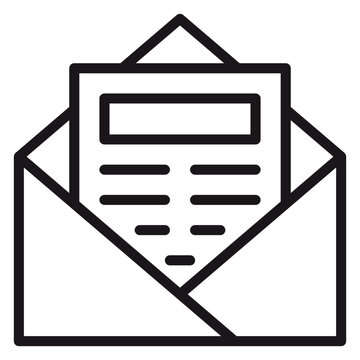 Black line vector icon illustration of an open envelope with a letter or document inside, representing email, mail, message, communication, or newsletter in a minimalist graphic style.